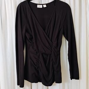 Women with Control Black Knit Shirred Surplice Fitted Top